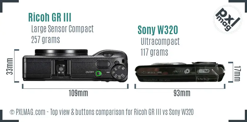 Ricoh GR III vs Sony W320 top view buttons comparison