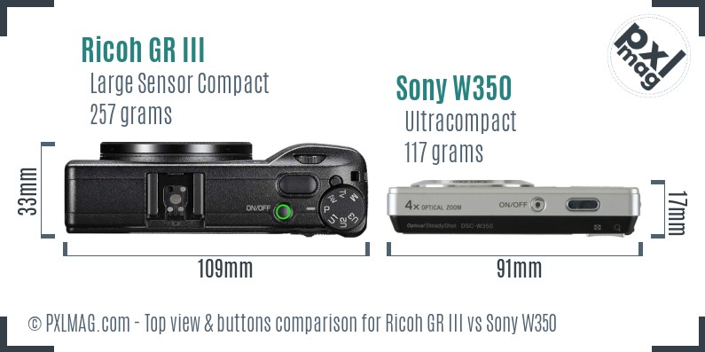 Ricoh GR III vs Sony W350 top view buttons comparison