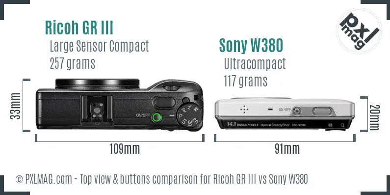 Ricoh GR III vs Sony W380 top view buttons comparison