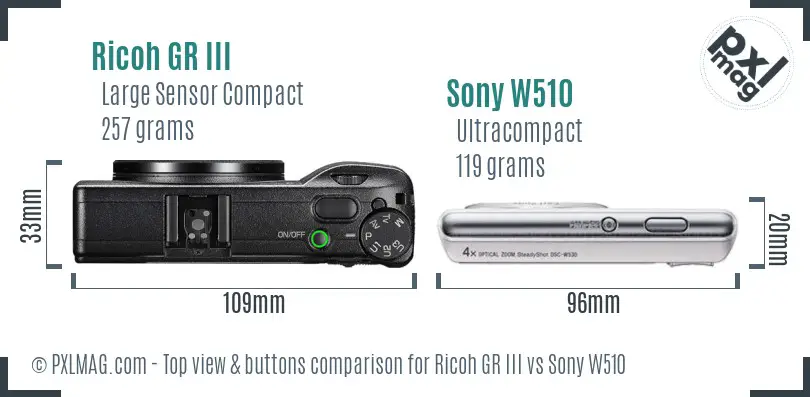 Ricoh GR III vs Sony W510 top view buttons comparison