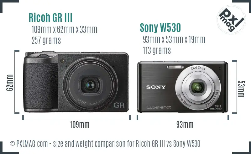 Ricoh GR III vs Sony W530 size comparison