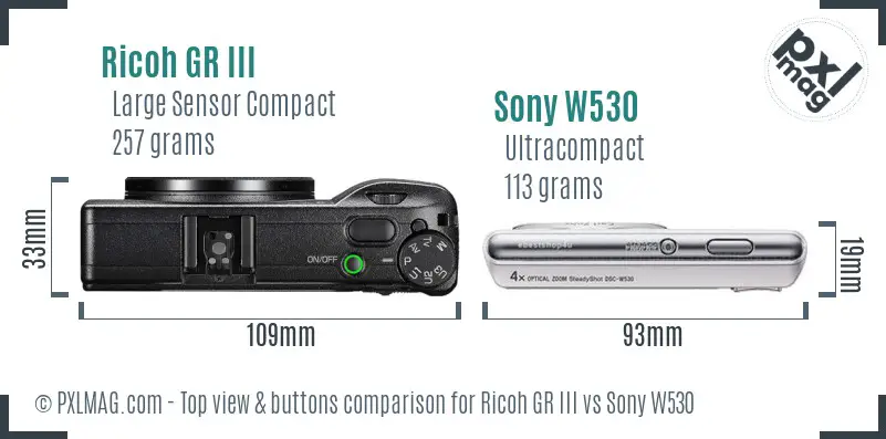 Ricoh GR III vs Sony W530 top view buttons comparison