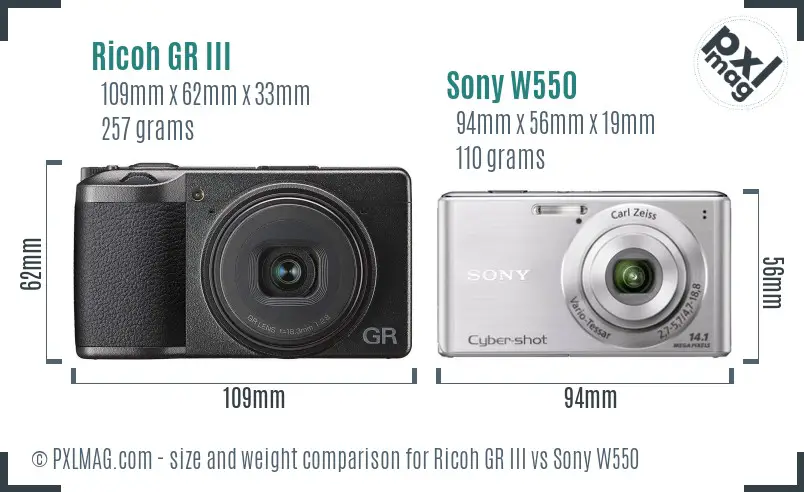 Ricoh GR III vs Sony W550 size comparison