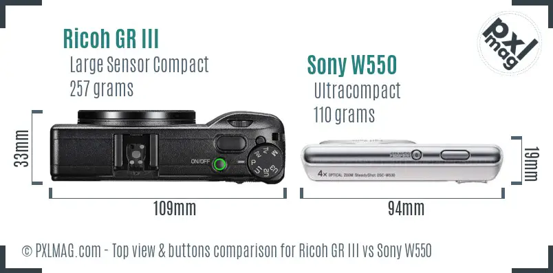 Ricoh GR III vs Sony W550 top view buttons comparison