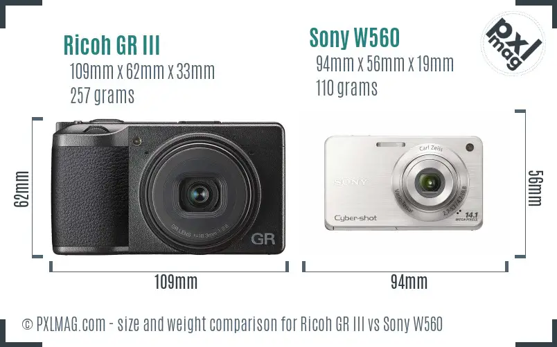 Ricoh GR III vs Sony W560 size comparison