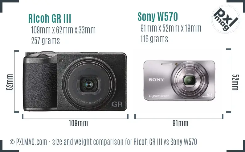 Ricoh GR III vs Sony W570 size comparison