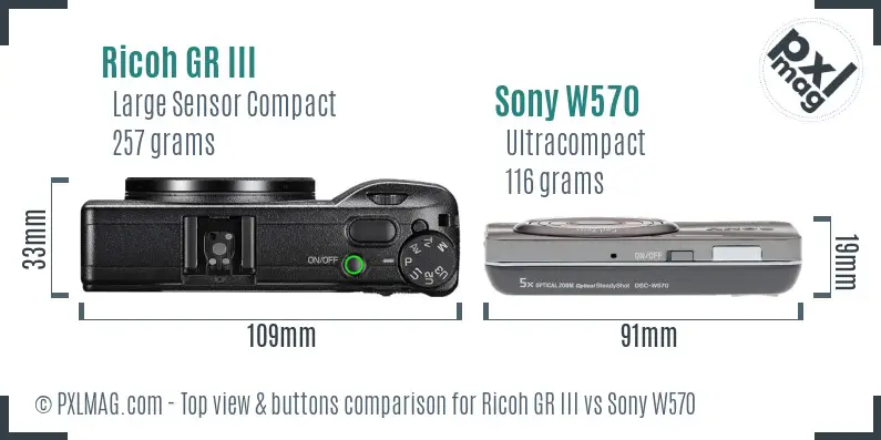 Ricoh GR III vs Sony W570 top view buttons comparison