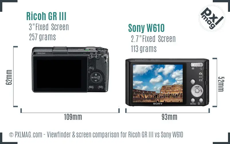 Ricoh GR III vs Sony W610 Screen and Viewfinder comparison