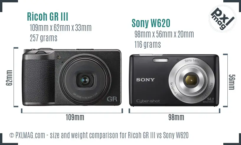 Ricoh GR III vs Sony W620 size comparison