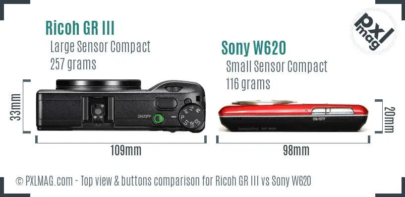 Ricoh GR III vs Sony W620 top view buttons comparison