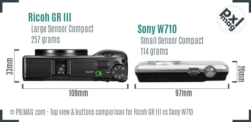 Ricoh GR III vs Sony W710 top view buttons comparison