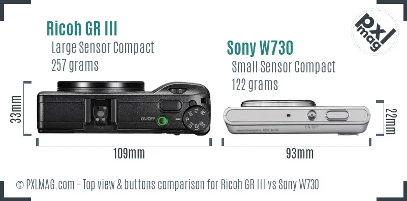 Ricoh GR III vs Sony W730 top view buttons comparison