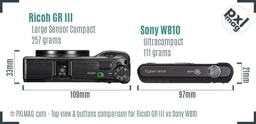 Ricoh GR III vs Sony W810 top view buttons comparison