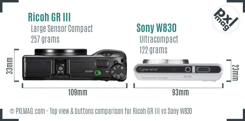 Ricoh GR III vs Sony W830 top view buttons comparison