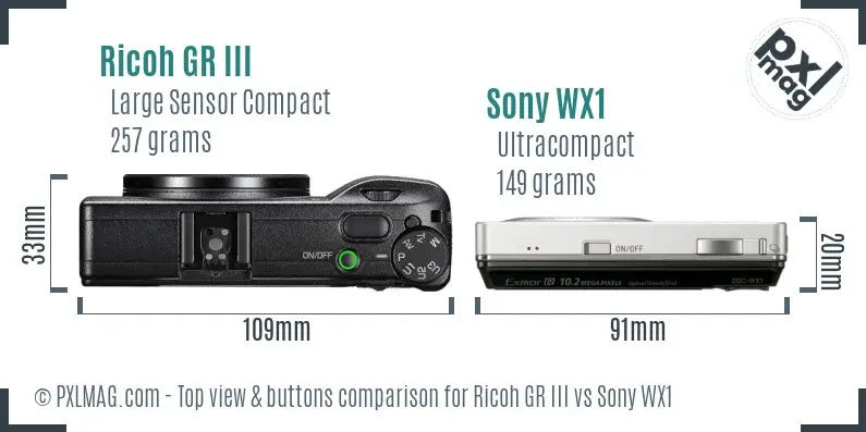 Ricoh GR III vs Sony WX1 top view buttons comparison