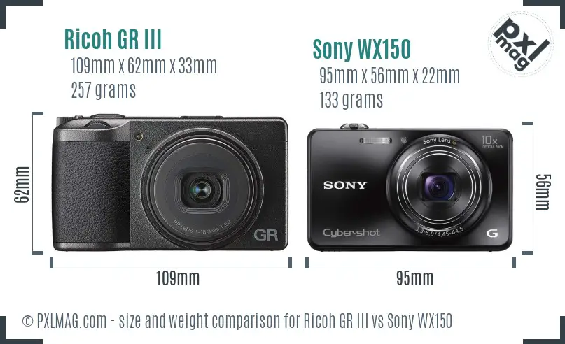 Ricoh GR III vs Sony WX150 size comparison