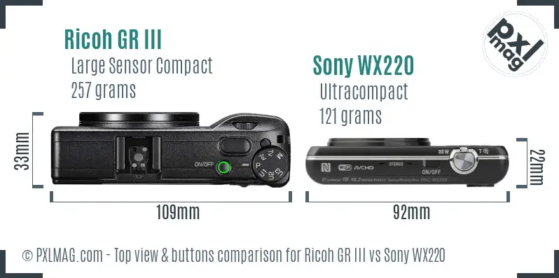 Ricoh GR III vs Sony WX220 top view buttons comparison