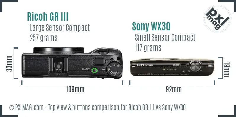 Ricoh GR III vs Sony WX30 top view buttons comparison