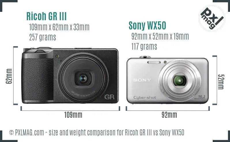 Ricoh GR III vs Sony WX50 size comparison