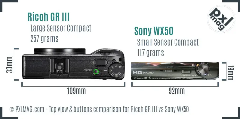 Ricoh GR III vs Sony WX50 top view buttons comparison