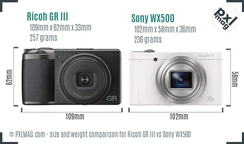 Ricoh GR III vs Sony WX500 size comparison