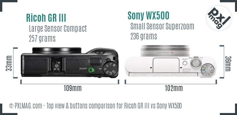 Ricoh GR III vs Sony WX500 top view buttons comparison