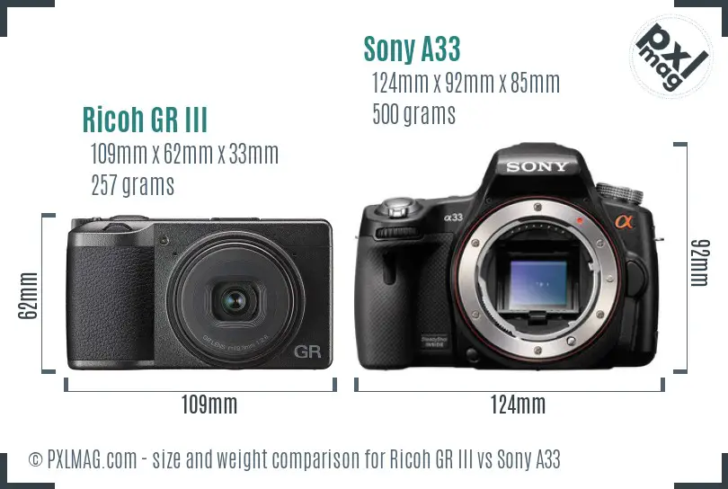 Ricoh GR III vs Sony A33 size comparison