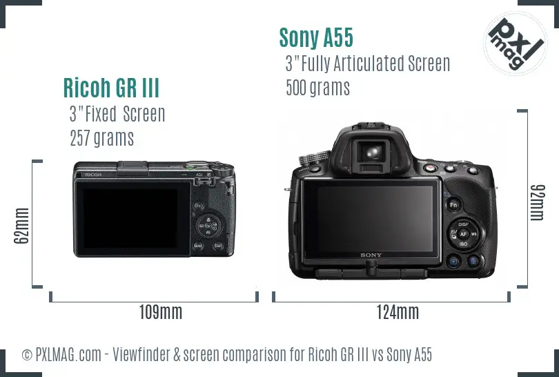 Ricoh GR III vs Sony A55 Screen and Viewfinder comparison