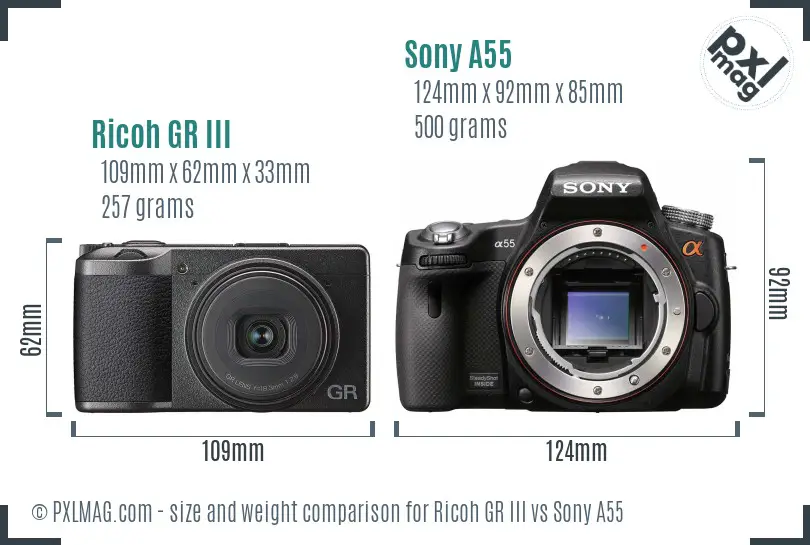 Ricoh GR III vs Sony A55 size comparison