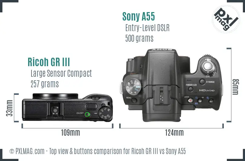 Ricoh GR III vs Sony A55 top view buttons comparison