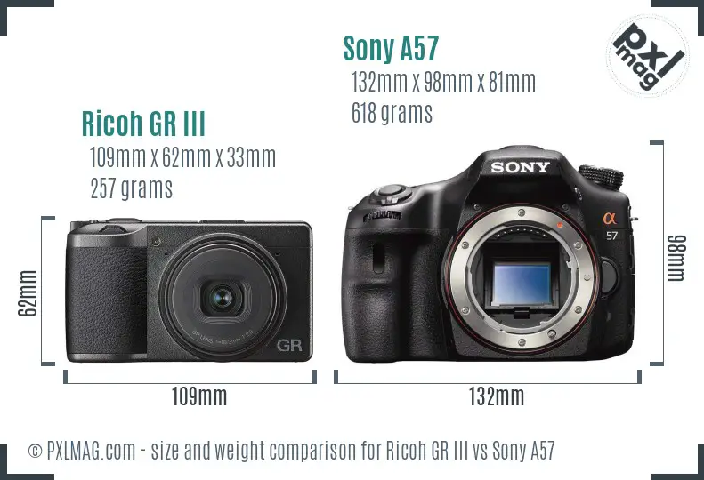 Ricoh GR III vs Sony A57 size comparison