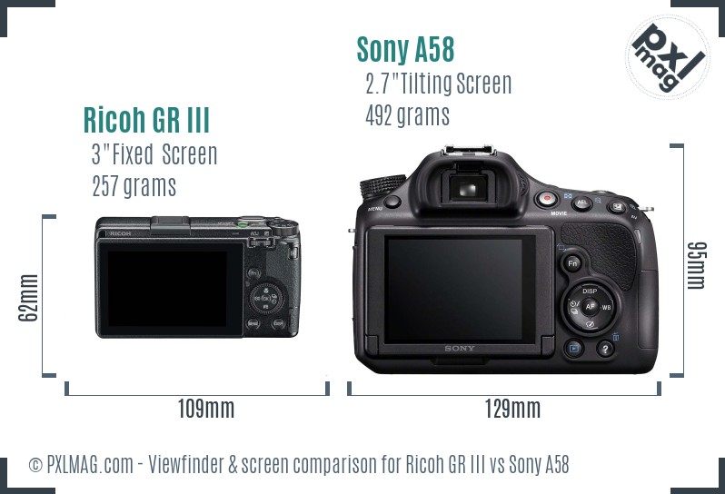 Ricoh GR III vs Sony A58 Screen and Viewfinder comparison