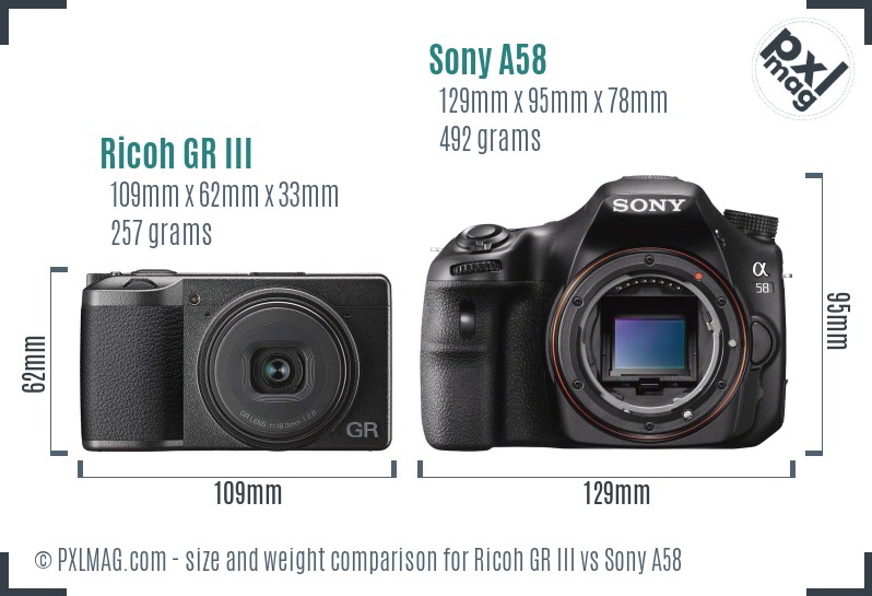 Ricoh GR III vs Sony A58 size comparison