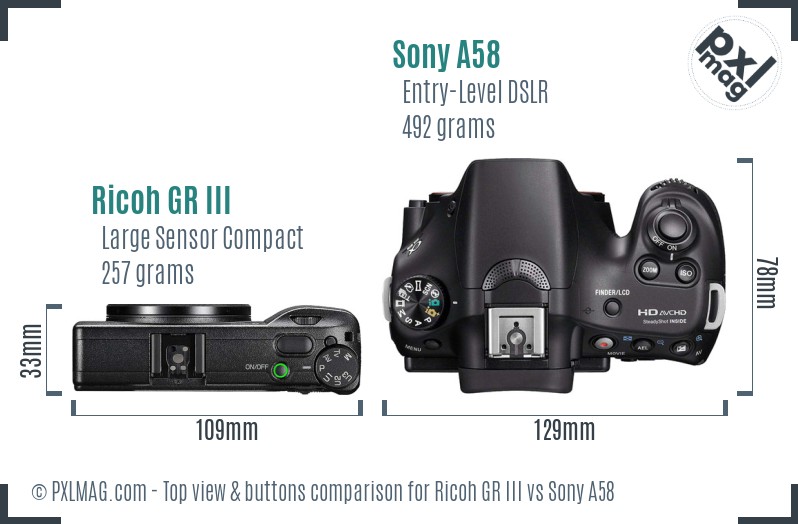 Ricoh GR III vs Sony A58 top view buttons comparison