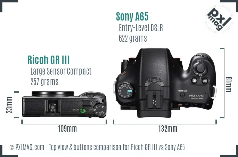 Ricoh GR III vs Sony A65 top view buttons comparison