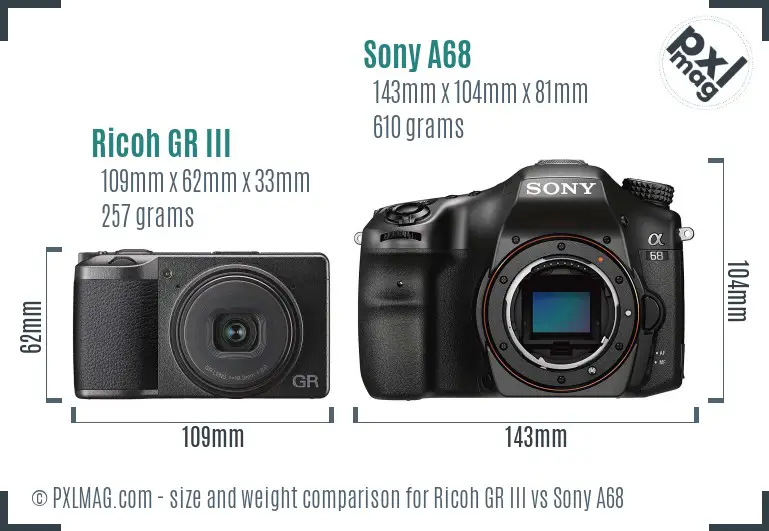 Ricoh GR III vs Sony A68 size comparison