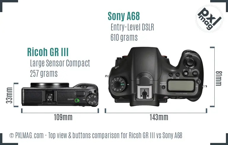 Ricoh GR III vs Sony A68 top view buttons comparison