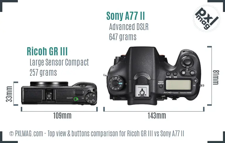 Ricoh GR III vs Sony A77 II top view buttons comparison