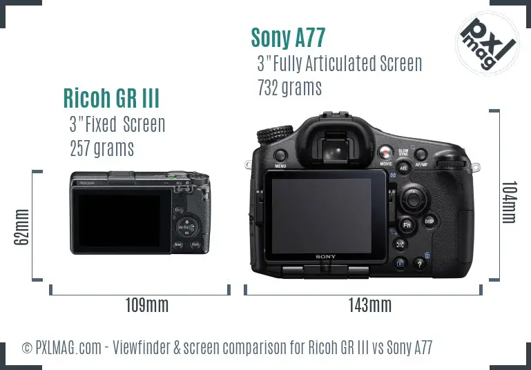 Ricoh GR III vs Sony A77 Screen and Viewfinder comparison