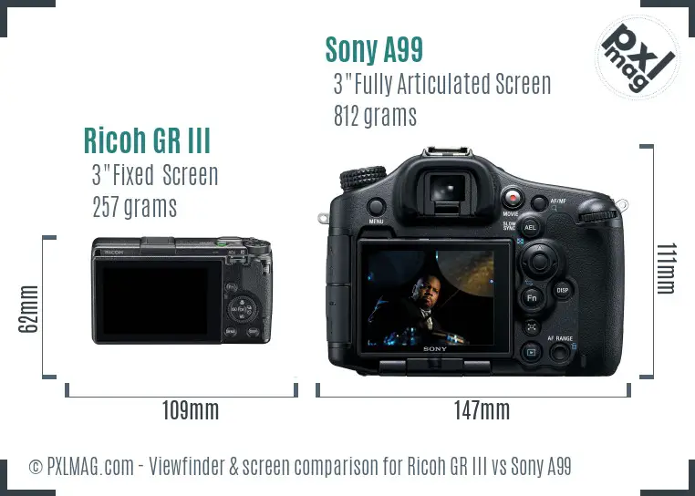 Ricoh GR III vs Sony A99 Screen and Viewfinder comparison