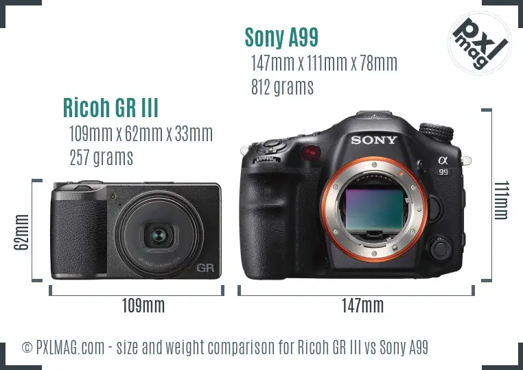 Ricoh GR III vs Sony A99 size comparison