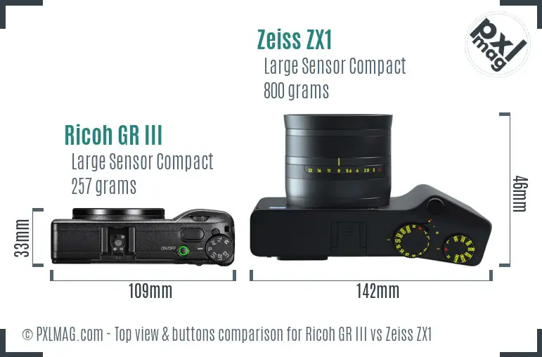 Ricoh GR III vs Zeiss ZX1 top view buttons comparison