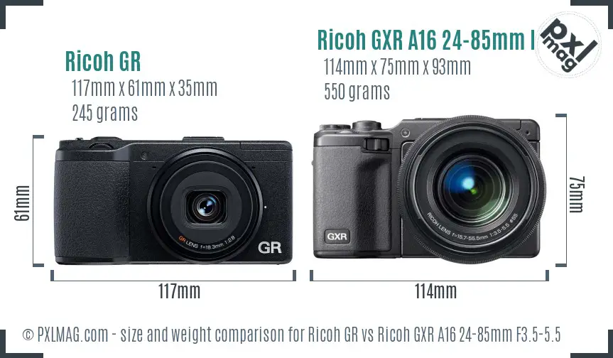 Ricoh GR vs Ricoh GXR A16 24-85mm F3.5-5.5 size comparison