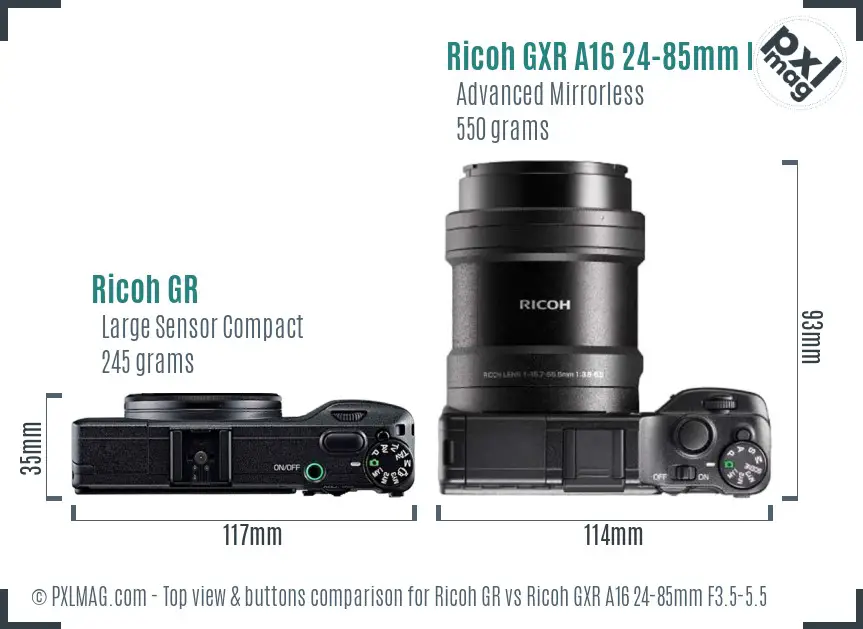 Ricoh GR vs Ricoh GXR A16 24-85mm F3.5-5.5 top view buttons comparison