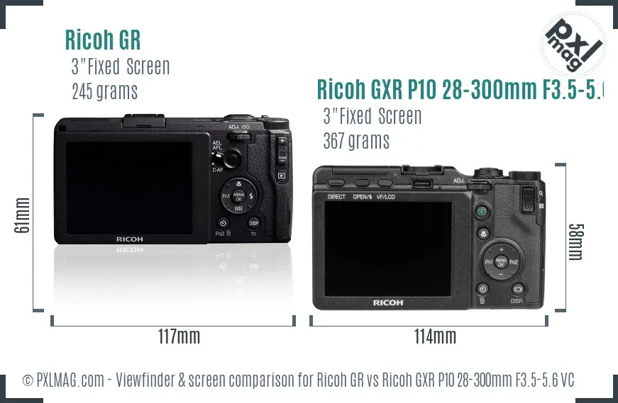 Ricoh GR vs Ricoh GXR P10 28-300mm F3.5-5.6 VC Screen and Viewfinder comparison