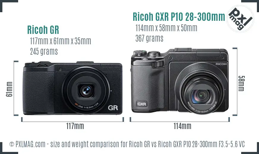Ricoh GR vs Ricoh GXR P10 28-300mm F3.5-5.6 VC size comparison