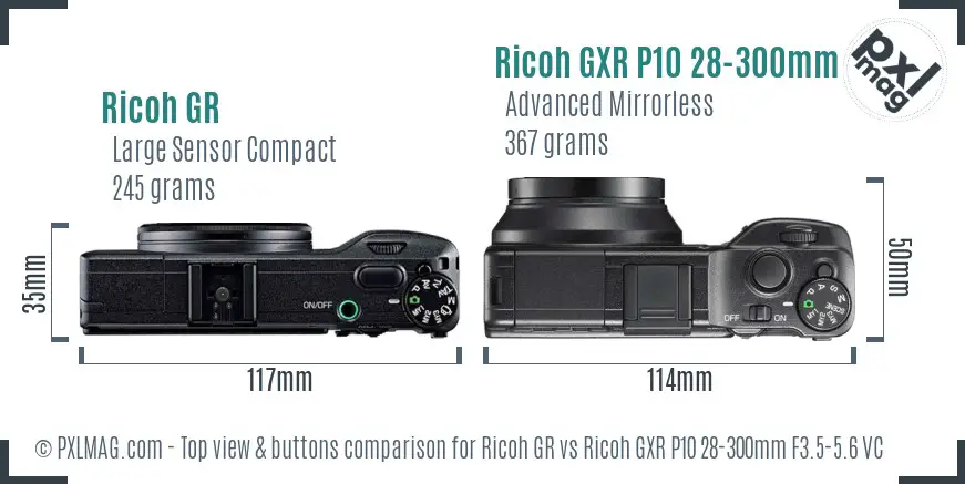 Ricoh GR vs Ricoh GXR P10 28-300mm F3.5-5.6 VC top view buttons comparison
