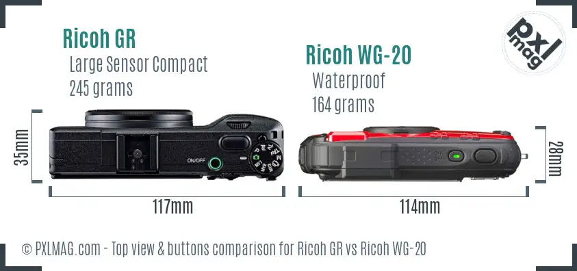 Ricoh GR vs Ricoh WG-20 top view buttons comparison