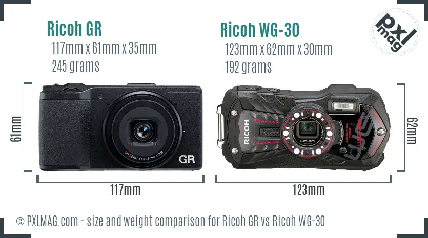 Ricoh GR vs Ricoh WG-30 size comparison