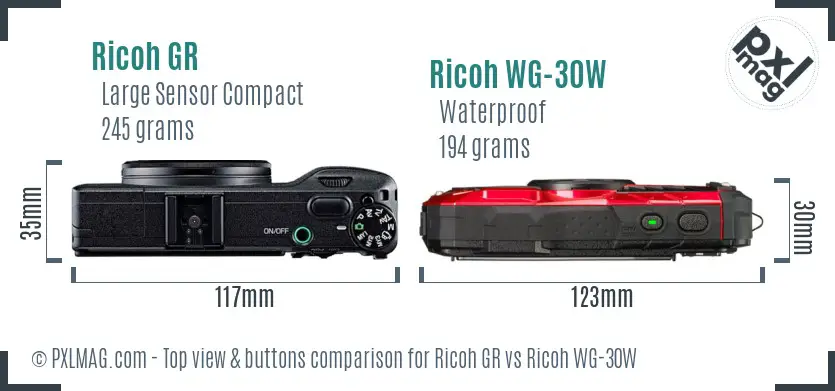 Ricoh GR vs Ricoh WG-30W top view buttons comparison